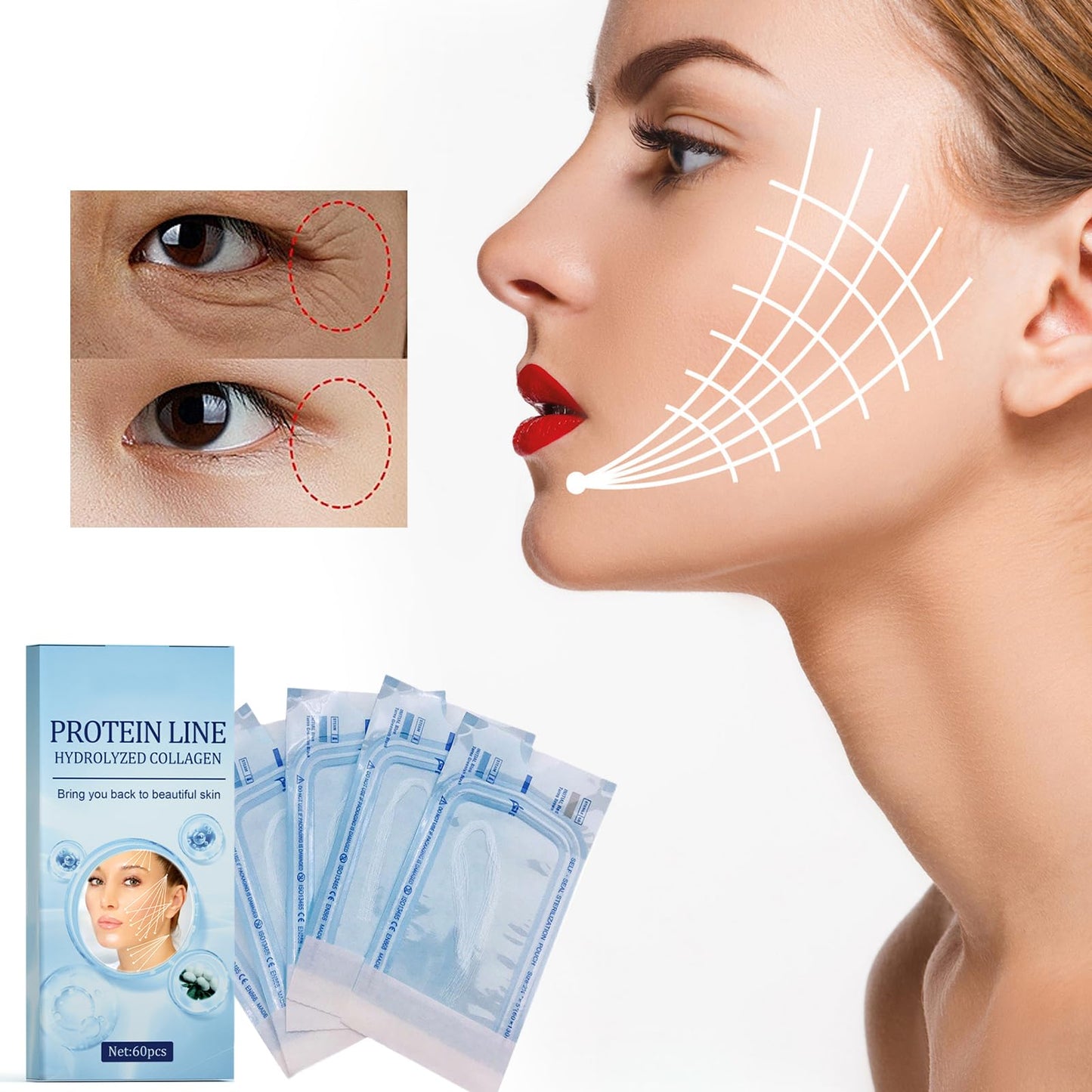 Protein Lifting Line, Pack of 60 Lifting Soluble Protein Silk Thread Collagen Silk Threads Protein Silk Thread Soluble Hydrolyzed Collagen Protein Line Lifting Thread Lifting for Skin Tightening