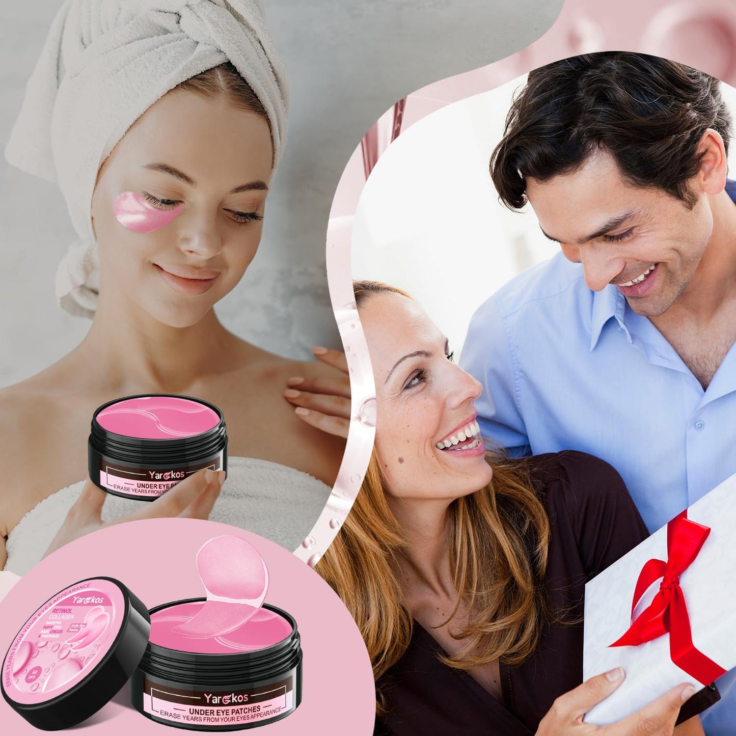 Pink Undereye Mask (60 Pcs), Collagen Hydrating Gel Pads, Reduce Puffiness, 30 Pairs Under Eye Patches for Dark Circles Puffy Eyes Treatment, Wrinkle, Women Men Beauty Personal Skin Care Products