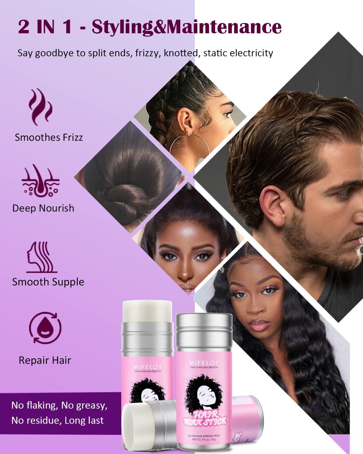 Mifeloy 75g Hair Wax Stick, Pomade Tamer for Smoothing Flyaways Control Taming Frizz Hair, Styling Cream Gel, Women Slick Back Glue, Bed Head Waxes, Satin Edge Laying Scarf, Duckbill Clips - Black
