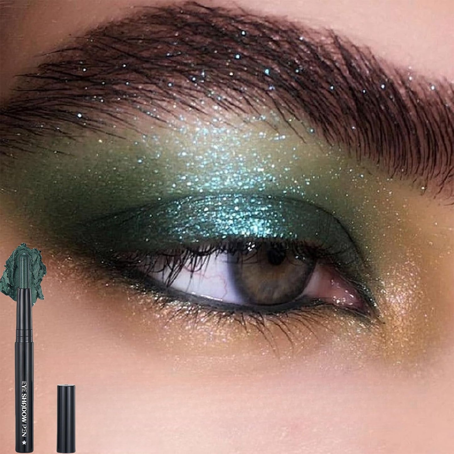 AurolaGlow Gothic Smokey Eyeshadow Stick in Dark Green - Metallic Glitter, Creamy Highlight, Smooth Eyeliner - Gift for Women