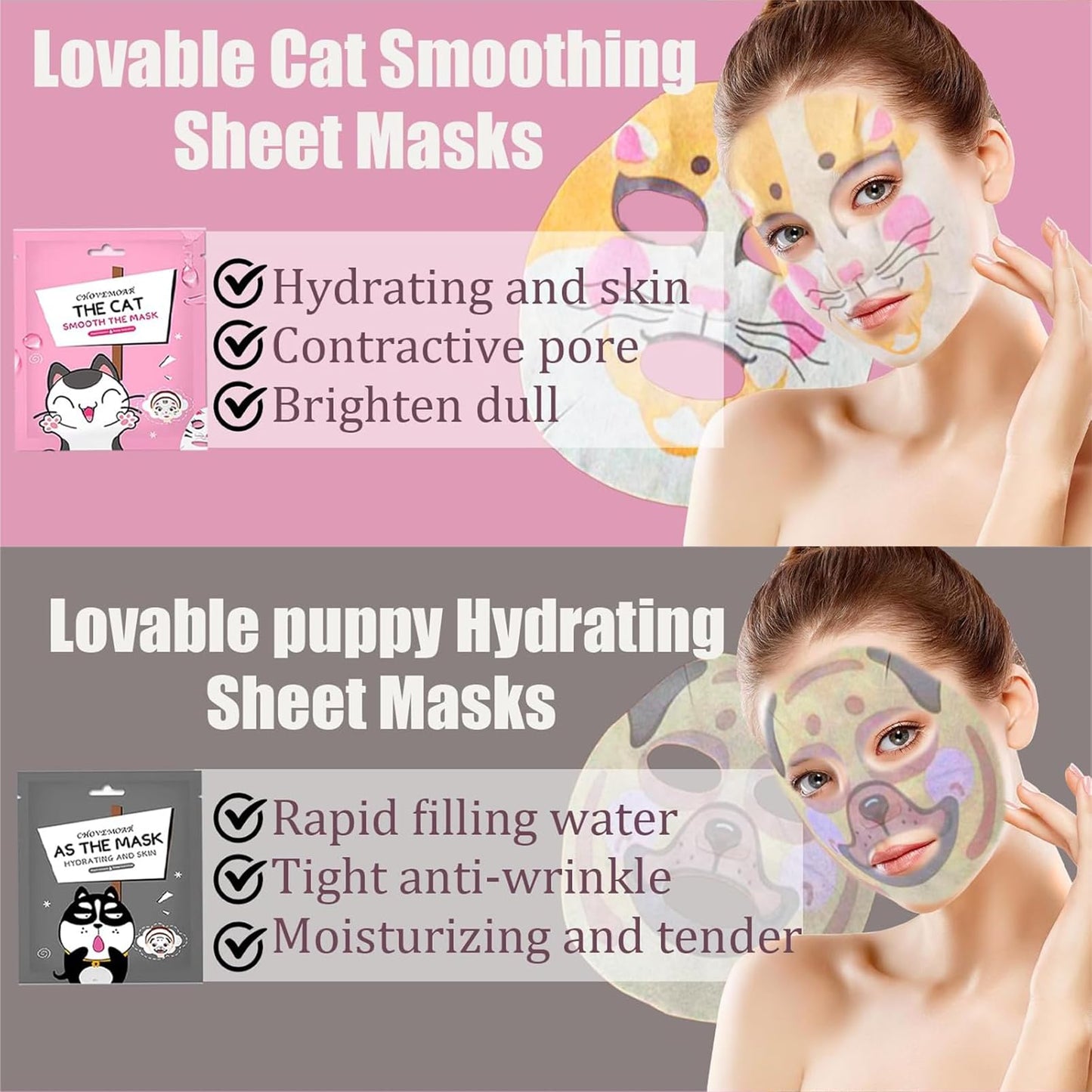 ChicNana 6Pcs Sheet Mask, Face Mask Set for Teenage Girls, Fun Animal Printed Sheet Face Masks, With Tiger and Cat Easy Use Face Mask Gift Set, Hydrating, Soothe, Brighten, Face Masks for All Skin Types