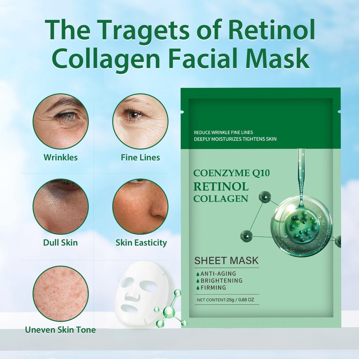 IREV Pack of 10 Collagen Mask Face Masks Skincare, Coenzyme Q10 Retinol Collagen Facial Masks Skincare, Hydrating Face Beauty Care Masks for Deep Repairing and Moisturizing Anti Wrinkles