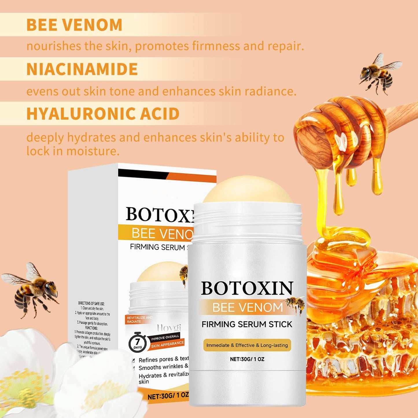 Generic The Bee Venom Firming Serum Stick helps improve sagging, enhance skin support, tighten skin, improve elasticity, fade fine lines, lift contours, improve puffiness, improve pseudo-sagging