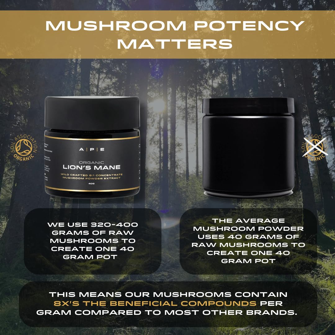 A | P | E APE Nutrition Organic Lion’s Mane Mushroom Extract Powder - Certified Organic & Wild Crafted, Improves Memory & Focus, UK Supplements, Pure Concentrated Extract, 40G (40-80 Servings)