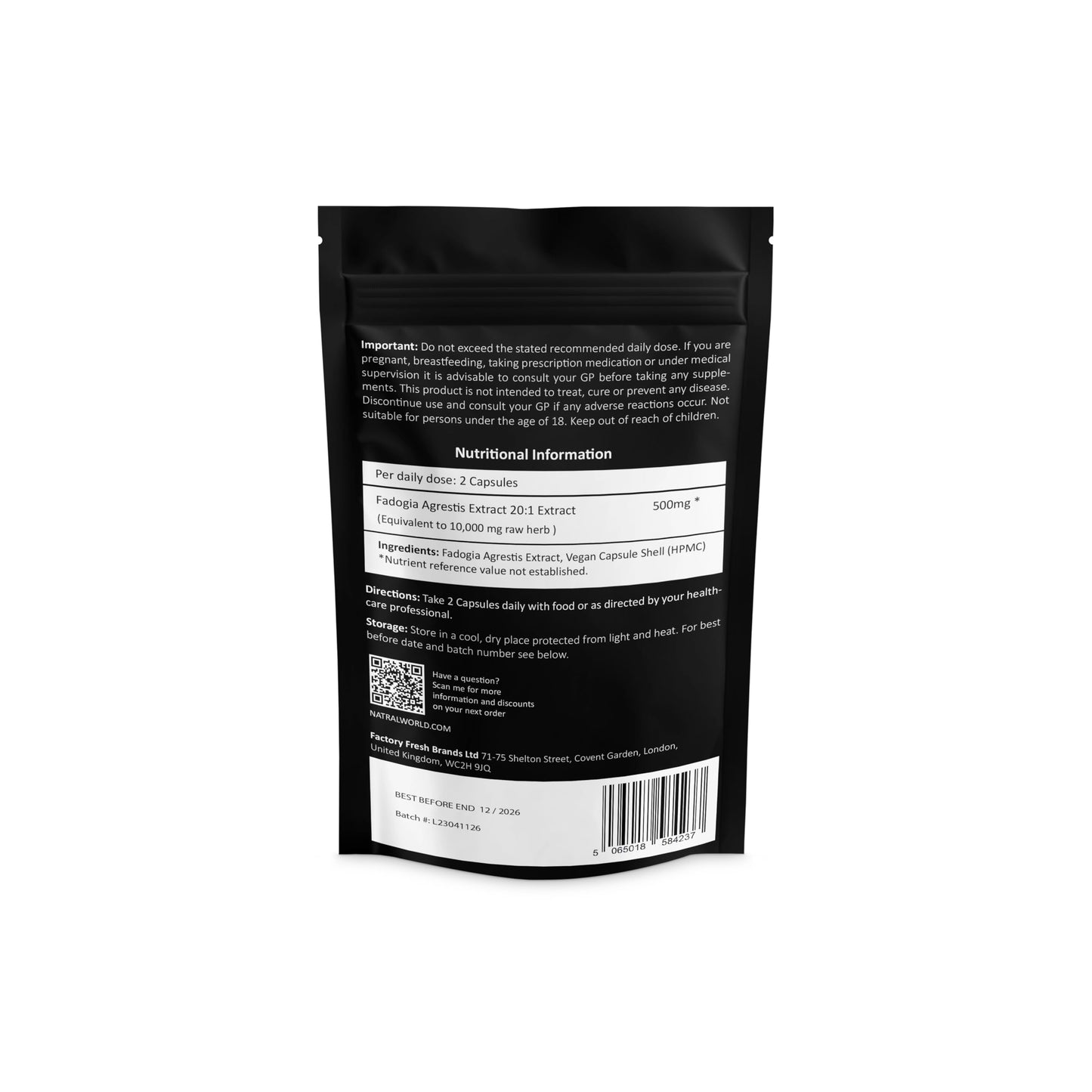 Natral Fadogia Agrestis 10,000mg Equivalent - 120 Vegan Capsules | High Potency Natural Performance & Sports Supplement | Muscle Building & Recovery Support