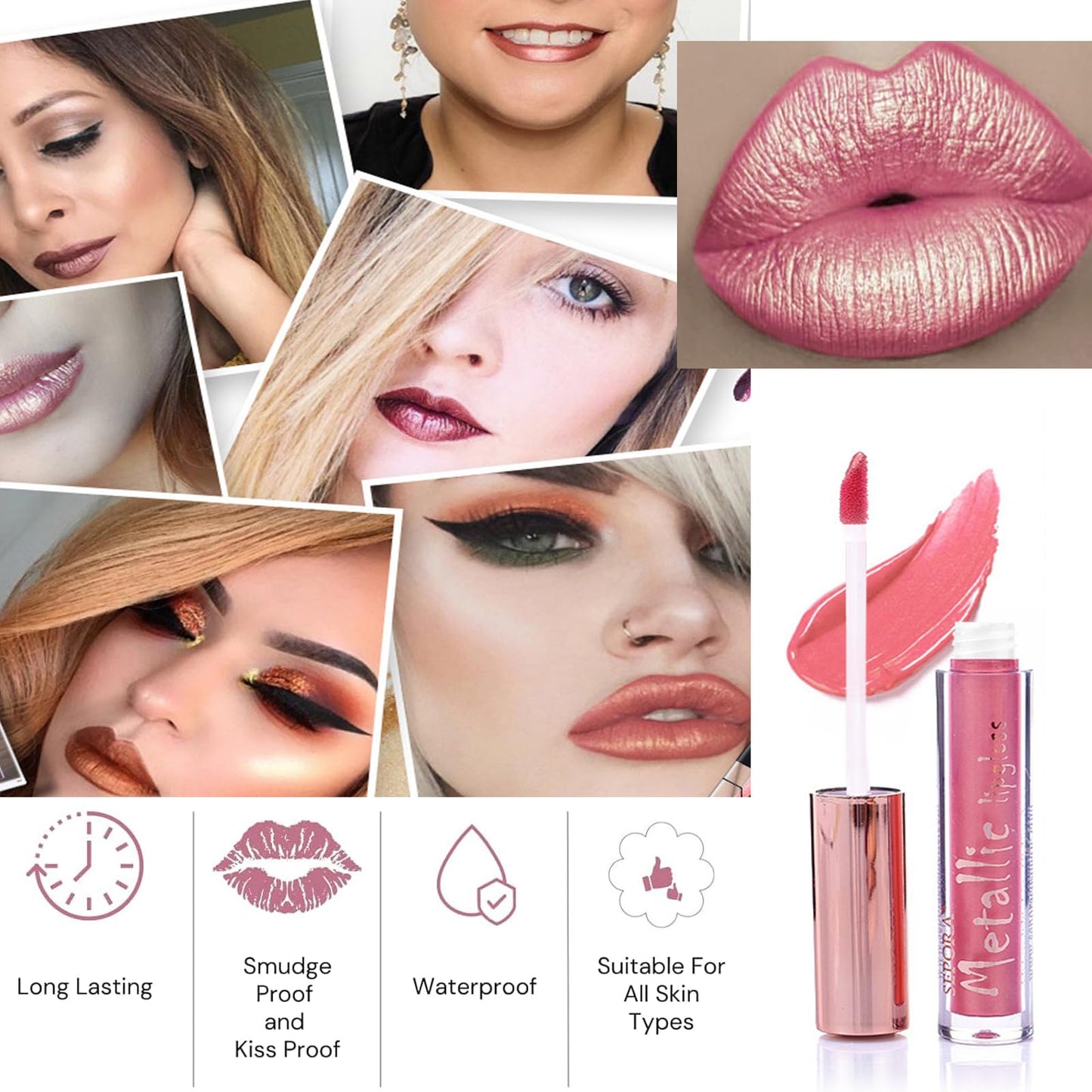 QUIWEN Metallic Shine Glitter Lipstick, Glitter Pink Lip Gloss Matte Lipsticks For Women Long Lasting Lightweight Soft Metallic Lipstick Waterproof Non-Stick Cup Not Fade Pink Lipstick Gift