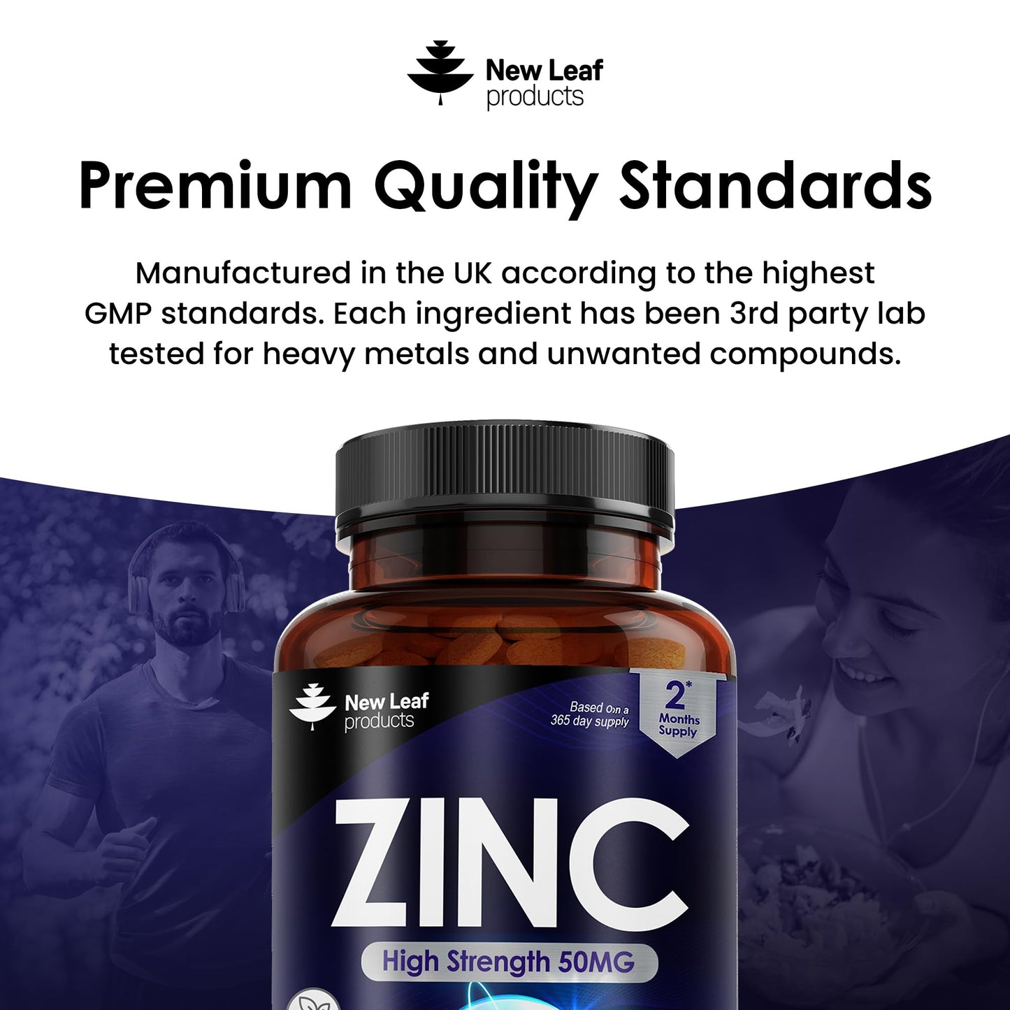 Zinc 50mg High Strength - Zinc Tablets with Copper, Pure Zinc Supplements Contributes Towards The Immune System, Bone Health and Fertility, Vegan, Non-GMO, Made in UK by New Leaf 120 Tablets