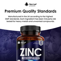 Zinc 50mg High Strength - Zinc Tablets with Copper, Pure Zinc Supplements Contributes Towards The Immune System, Bone Health and Fertility, Vegan, Non-GMO, Made in UK by New Leaf 120 Tablets