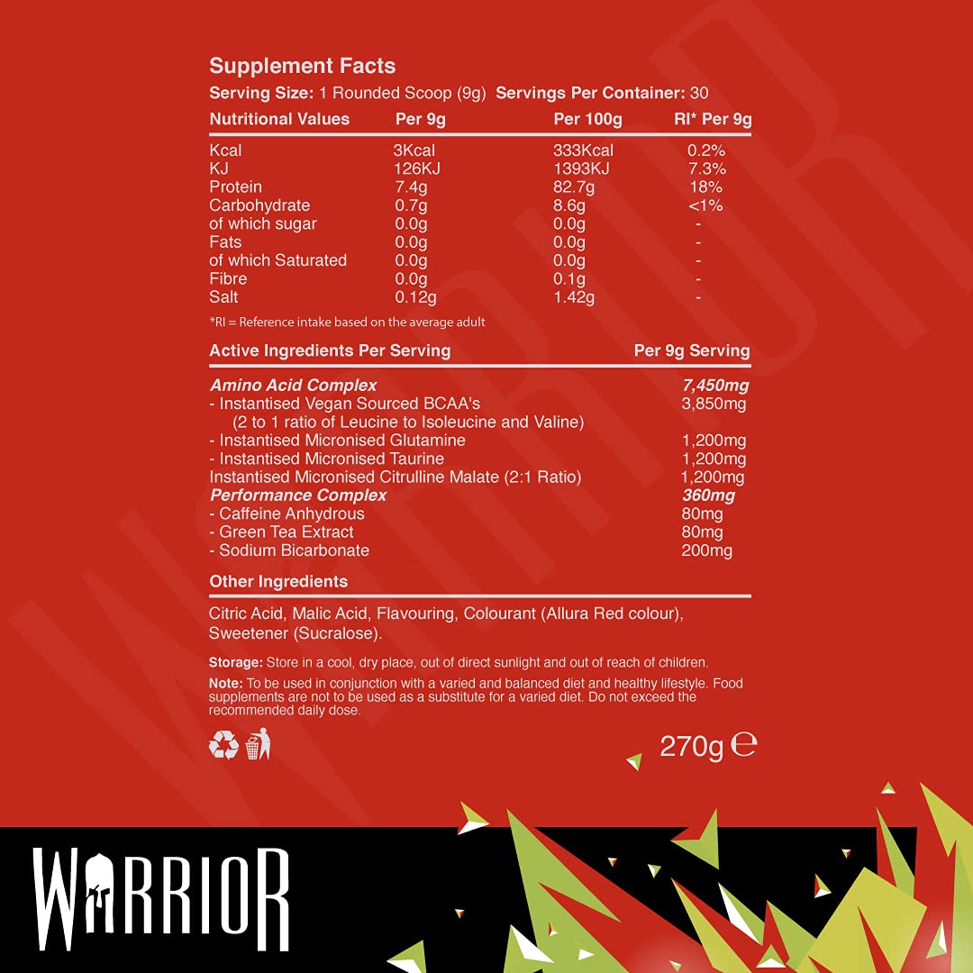 Warrior, Amino Blast - 270g - Branch Chain Amino Acid Powder (BCAA) - Helps Build Lean Muscle and Speed Up Recovery, Strawberry Kiwi