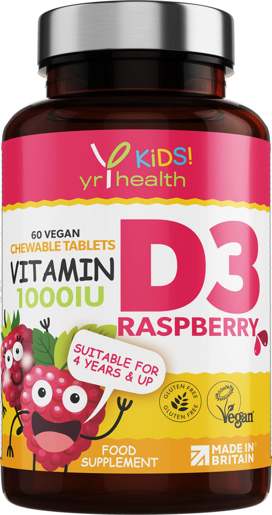 yrhealth Kids Vitamin D3 1000 iu High Strength - Chewable Raspberry Flavour Vitamin D for Kids 4-12 Years, Vegan Society Registered Tablets not Gummies - 2 Months Supply - Made in The UK by YrHealth