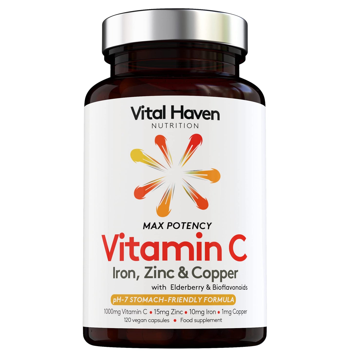 Vital Haven Complex Action Formula: Non-Acid Vitamin C + Iron + Zinc + Copper + Calcium with Citrus Bioflavanoids and Elderberry for Maximum Absorption - Vegan - Premium Ingredients - Made in The UK