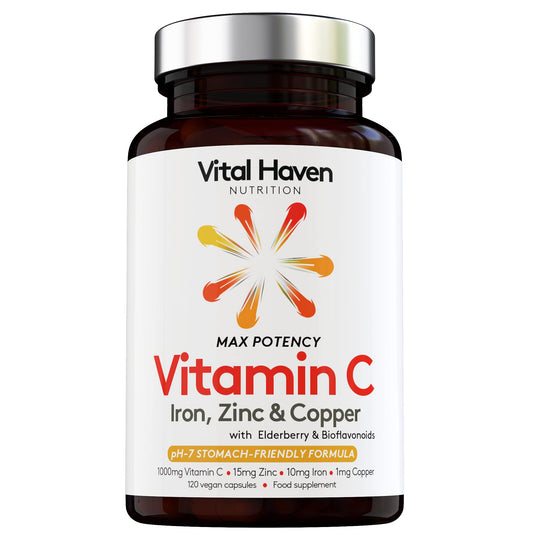 Vital Haven Complex Action Formula: Non-Acid Vitamin C + Iron + Zinc + Copper + Calcium with Citrus Bioflavanoids and Elderberry for Maximum Absorption - Vegan - Premium Ingredients - Made in The UK