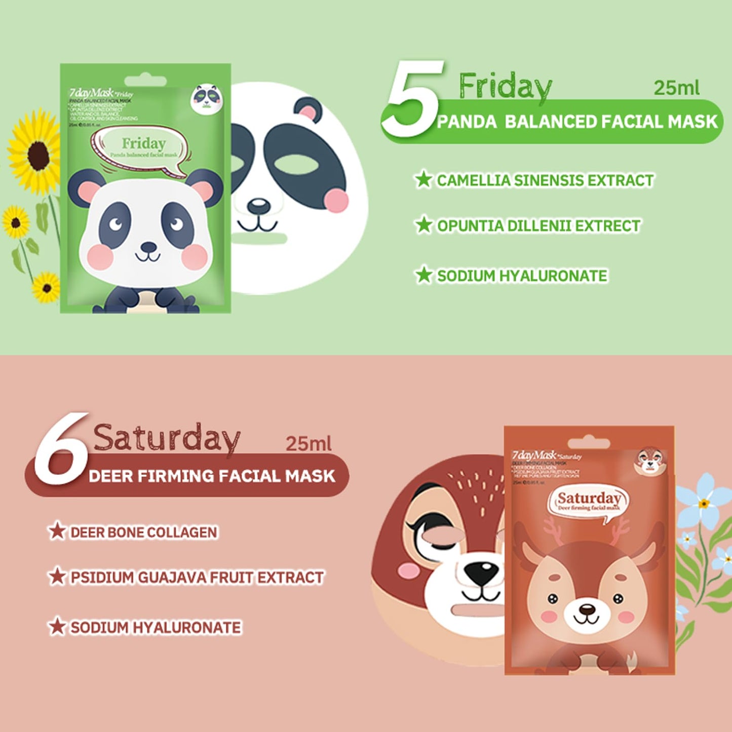 DMQ Sheet Face Masks Set, 7Pcs Face Masks Skincare, Fun Animal Printed Sheet Facial Masks, Face Mask Gift Sets for Teenage Girls Hydrating, Brightening, Soothing, Face Masks Beauty for All Skin Types
