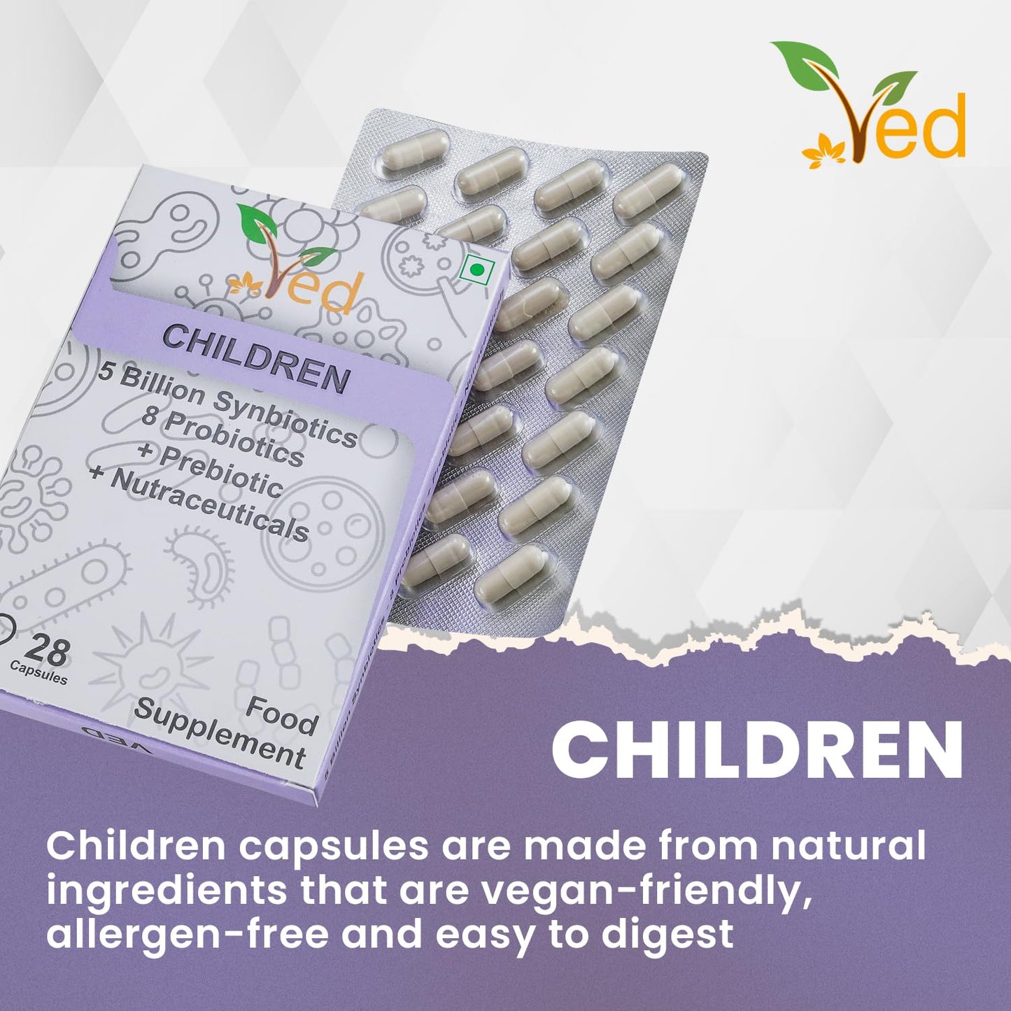 VED Children Complex Probiotics and Prebiotics Complex - 5 Billion CFU - 28 Probiotic Complex Capsules for Children - Lactobacillus helveticus, Rhamno. 28 Days Supply.