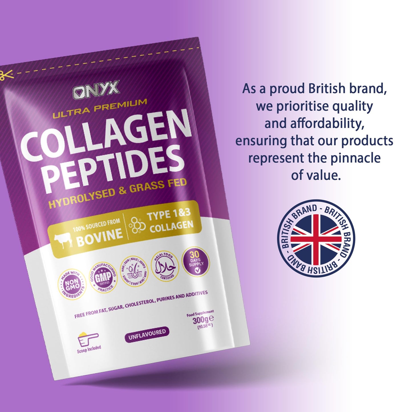ONYX INGREDIENTS 101 Premium Collagen Powder (Type I, III) Hydrolysed Bovine Collagen Peptides Powder - Halal Certified - 19 Amino Acids - High Levels of All 8 Essential Amino Acids & BCAAs - 150g