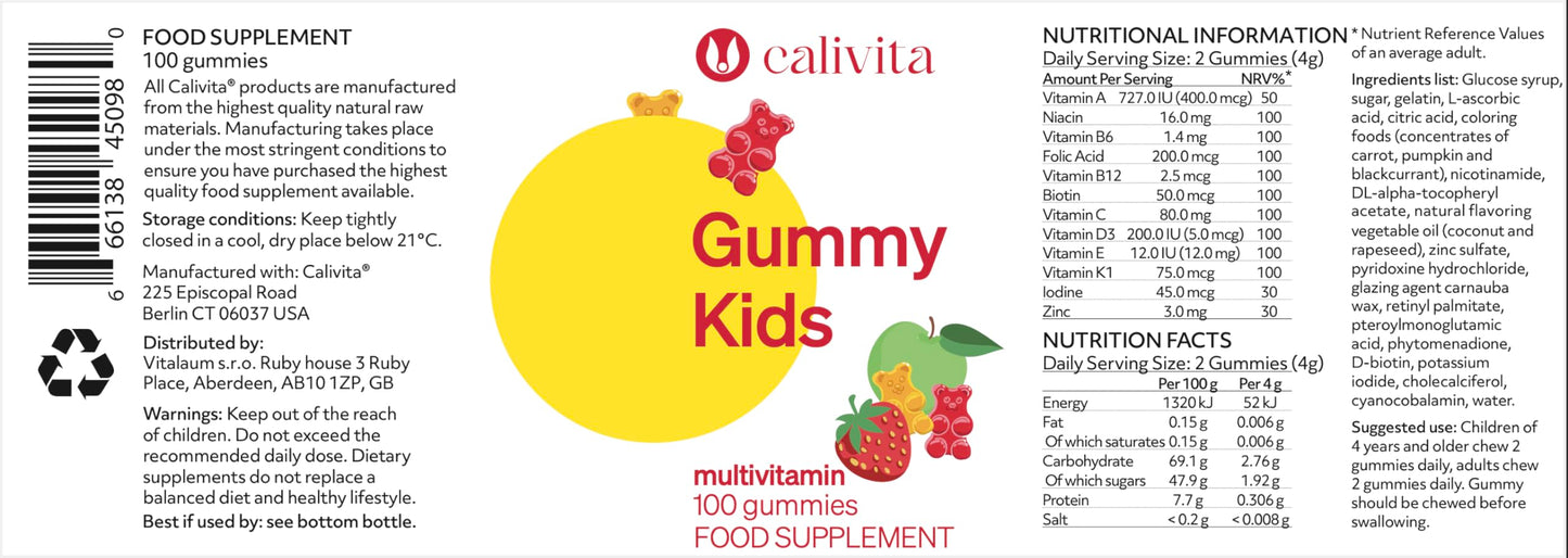 CaliVita International Gummy Kids Multivitamin Gummies | Multivitamin Gummies for Kids Age 3+ | 12 Essential Vitamins & Minerals | Children's Vitamins with Vitamins A C D3 E K1 B6 B12 Zinc & Biotin | Low Sugar | 100 Gummies