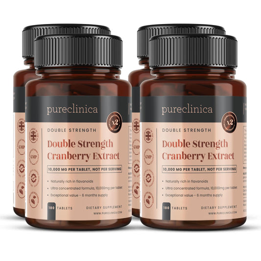 Pureclinica Double Strength Cranberry Extract 10,000mg x 180 Ultra Concentrated Tablets x 720 Tablets (4 Bottles of 180) – 2 Year Supply
