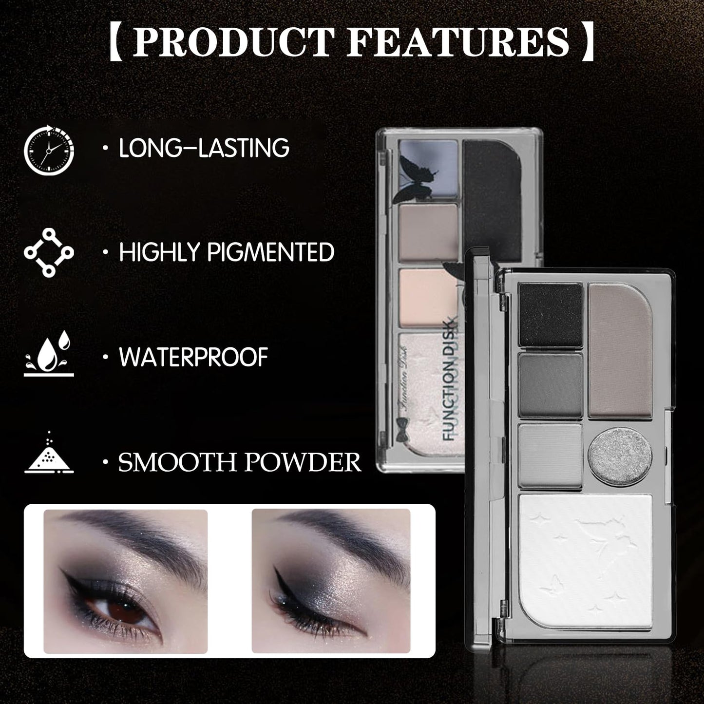 GEEWHILE Eyeshadow Palettes, Black Smoky Eye Shadow Pallets For Women, Highly Pigmented 6 Colors Black Silver Gray White Eyeshadow, Shimmer & Matte Long Lasting Eyeshadow Makeup Kits