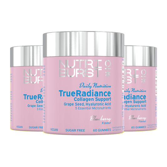 Nutriburst - TrueRadiance Collagen Support Multipack for Healthy Hair, Skin & Nails - Biotin (100µg), Hyaluronic Acid (50mg), Vitamin A (400µg) + Vitamin C (80mg) - 3 x 60 Gummies / 3 Month Supply