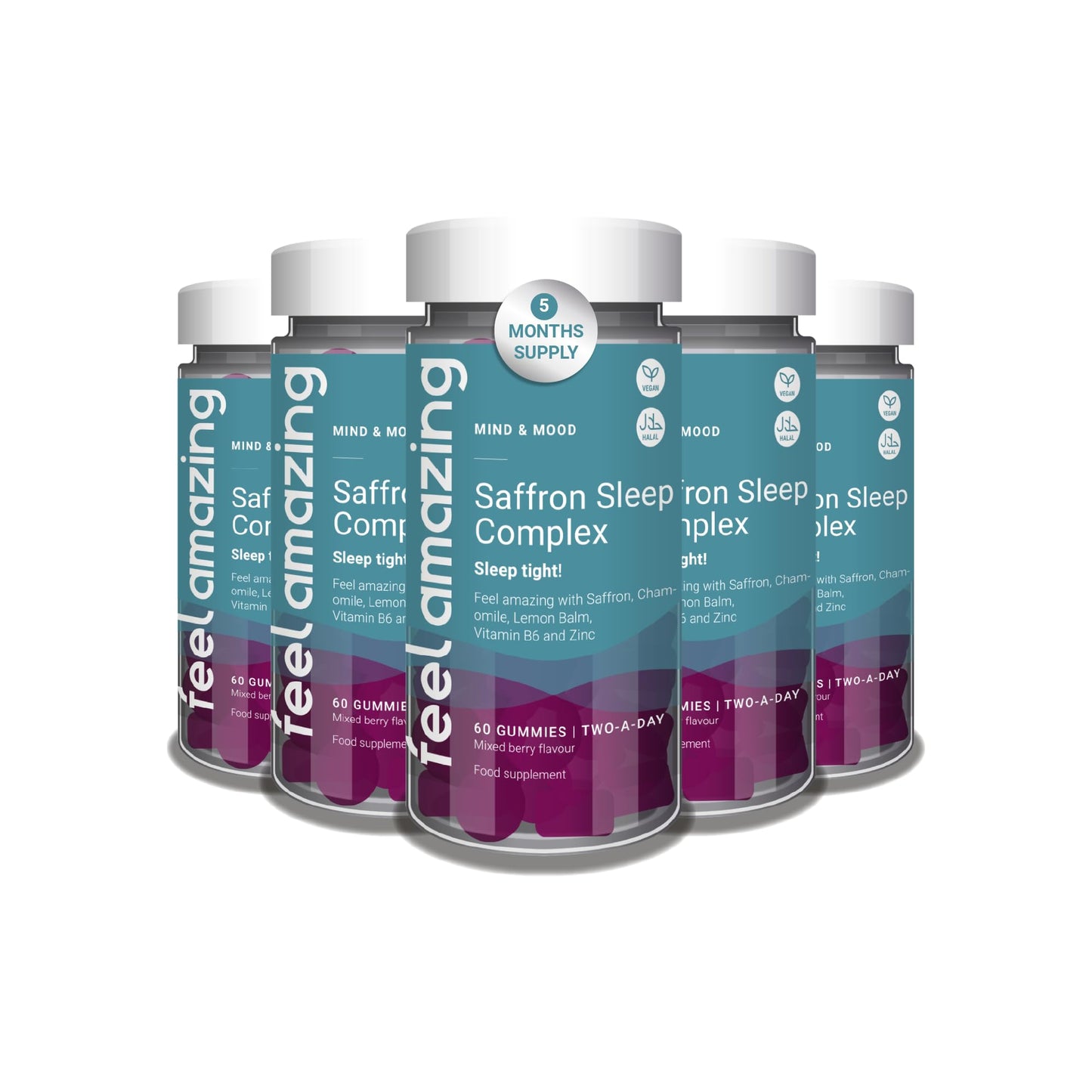 Feel Amazing Saffron Sleep Complex Gummies - Natural Sleep Aid with Lemon Balm, Chamomile, Zinc & Vitamin B6 - Vegan, Halal - Mixed Berry Flavour, 60 Gummies, 30-Day Supply (1)