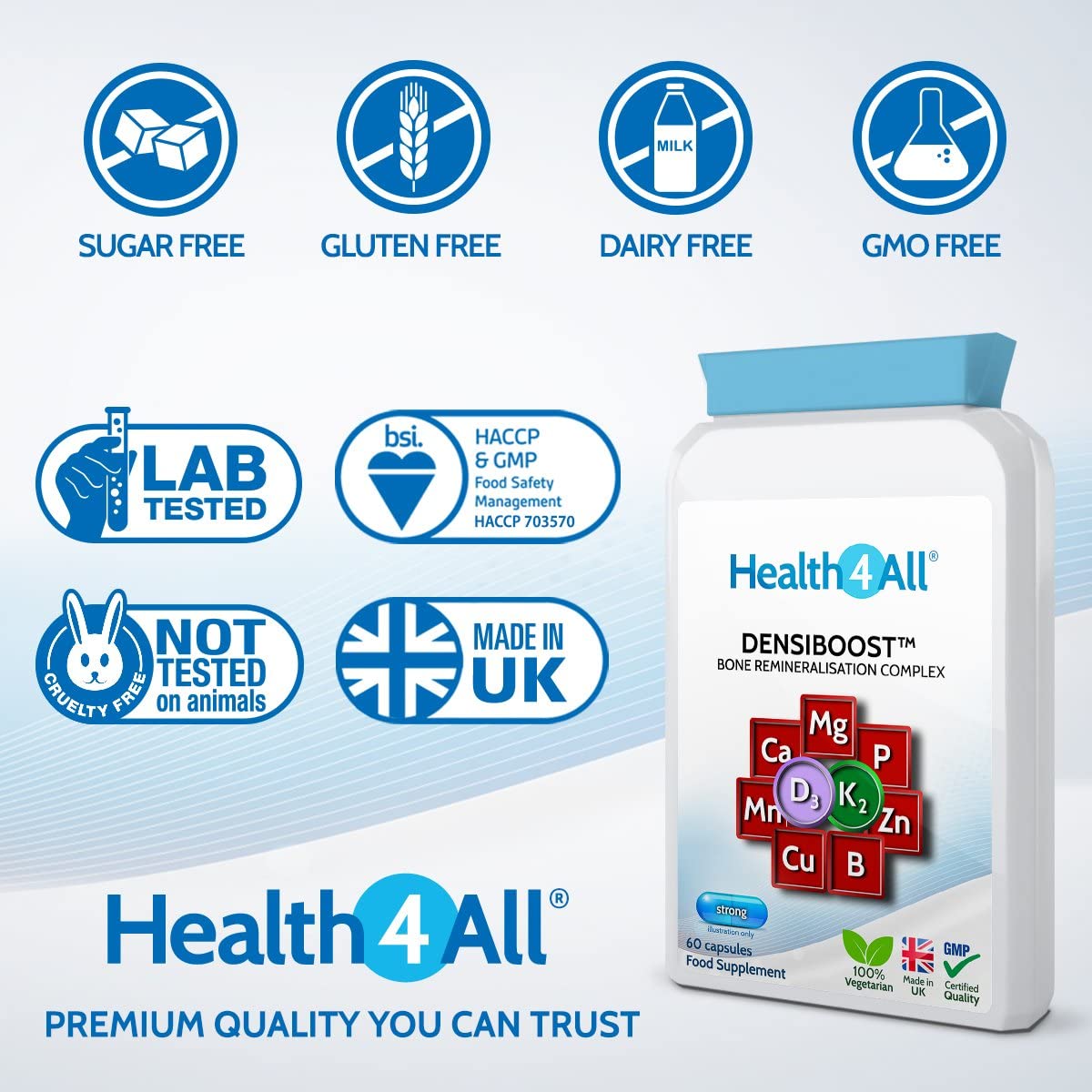 Densiboost Bone Remineralisation 60 Capsules (not Tablets) with Calcium, Magnesium, Manganese, Phosphorus, Copper, Boron, Zinc and Vitamins D3 and K2 MK-7. Made in The UK by Health4All