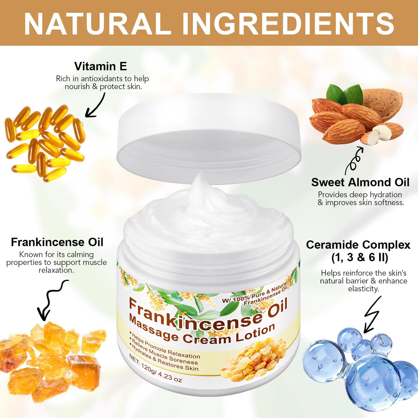 Generic Frankincense Oil Cream Lotion, 120g Frankincense Oil Cream Deep Soothing Skin, Hydration Anti-Aging, Enhance Skin Elasticity Massage Cream