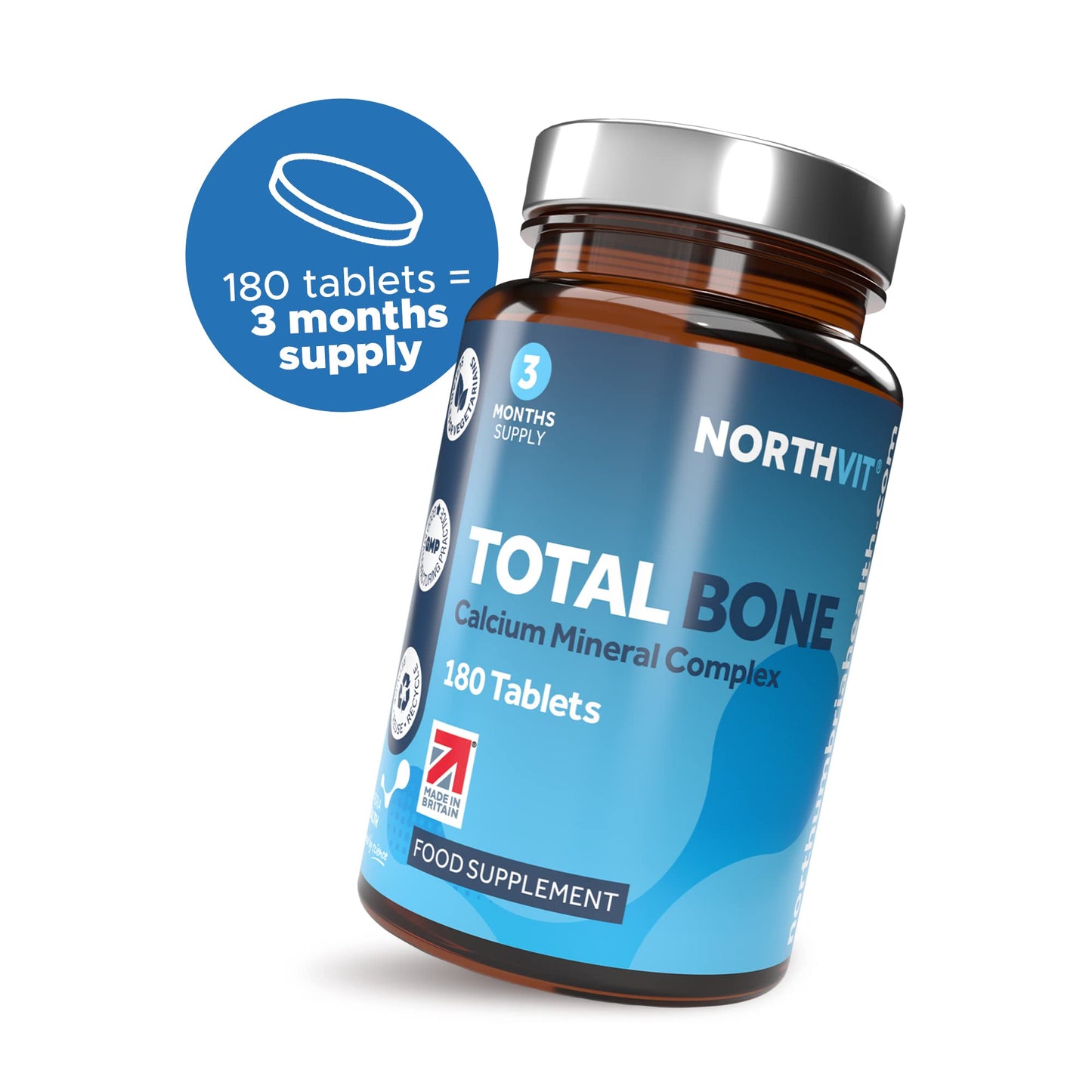 Total Bone® Calcium Magnesium Zinc & Vitamin D3 Supplement – 180 Vegetarian Tablets – 3 Month Supply High Strength Osteo Tablets – Strong Bones & Teeth – Calcium Mineral Complex