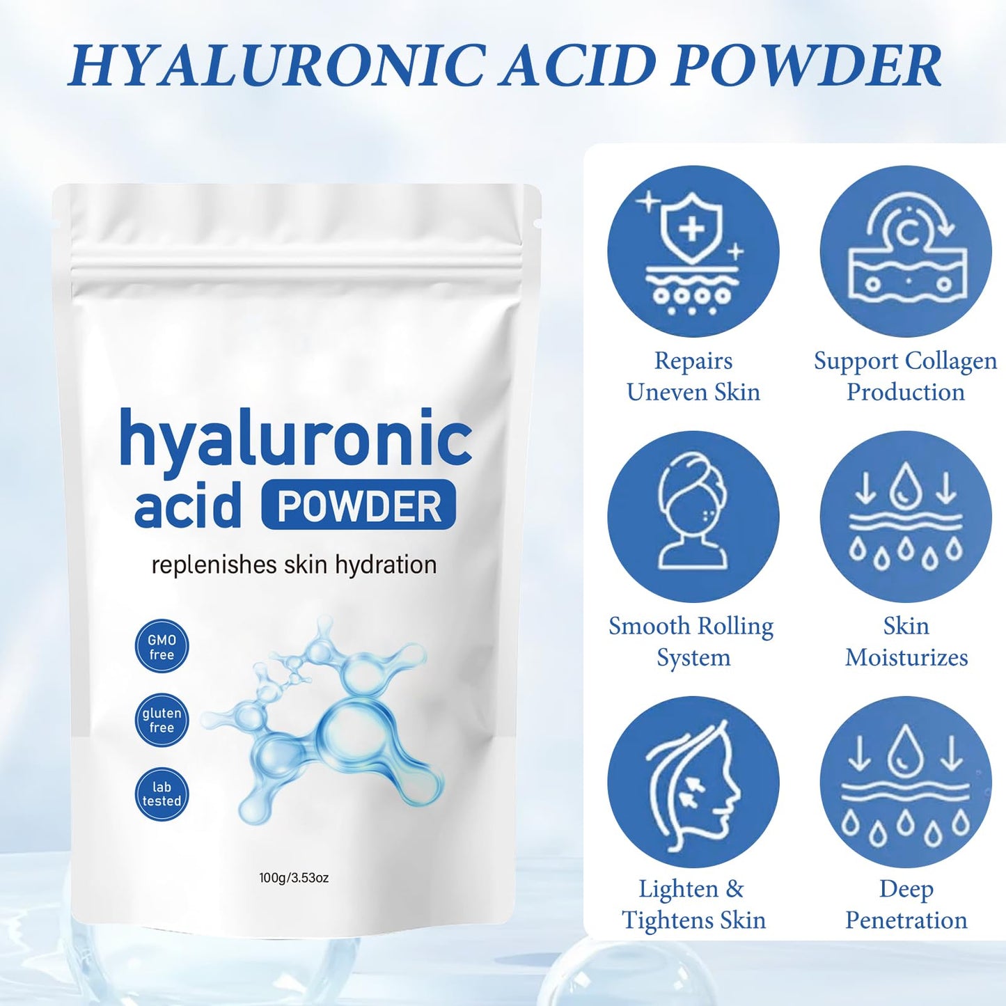 GMHLLES 2 PCS Hyaluronic Acid Powder for Face Hyaluronic Acid Powder Organic Skin Care Formula Low Molecular Weight Water-Soluble for Skin Hydration and Moisture Smooths Wrinkles