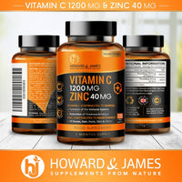Vitamin C 1200mg and Zinc 40mg per Daily Serving - 120 High Strength Vegan Capsules with Ascorbic Acid - 2 Month Supply - Made in The UK by Howard & James