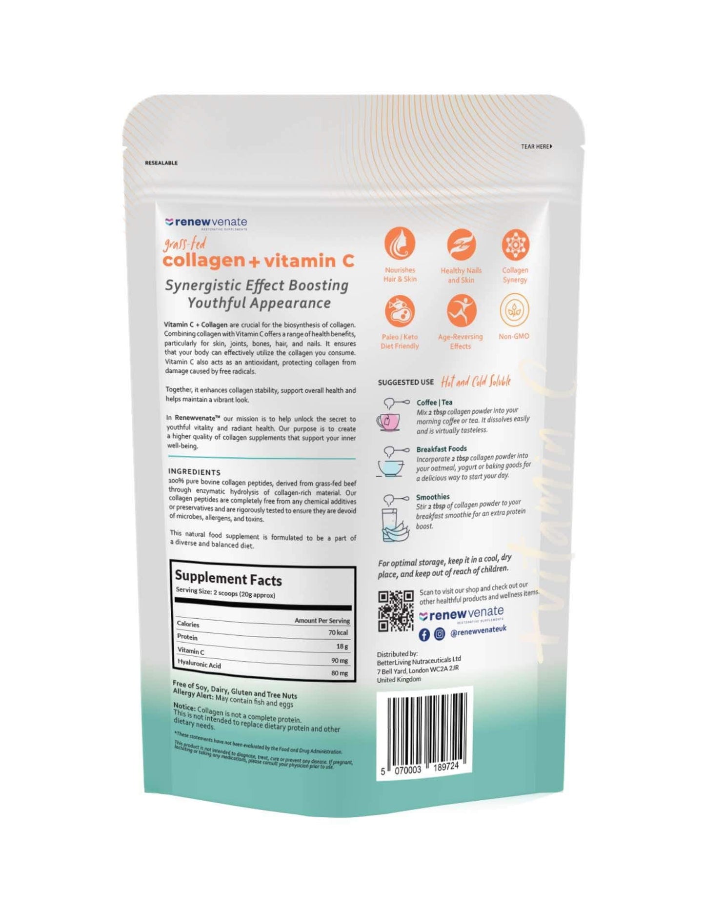 RenewVenate Grassfed Collagen with Vitamin C and Hyaluronic Acid – Premium Hydrolyzed Peptides for Radiant Skin, Hair, Nails & Joint Health – Non-GMO, Gluten-Free, Keto-Friendly 400g