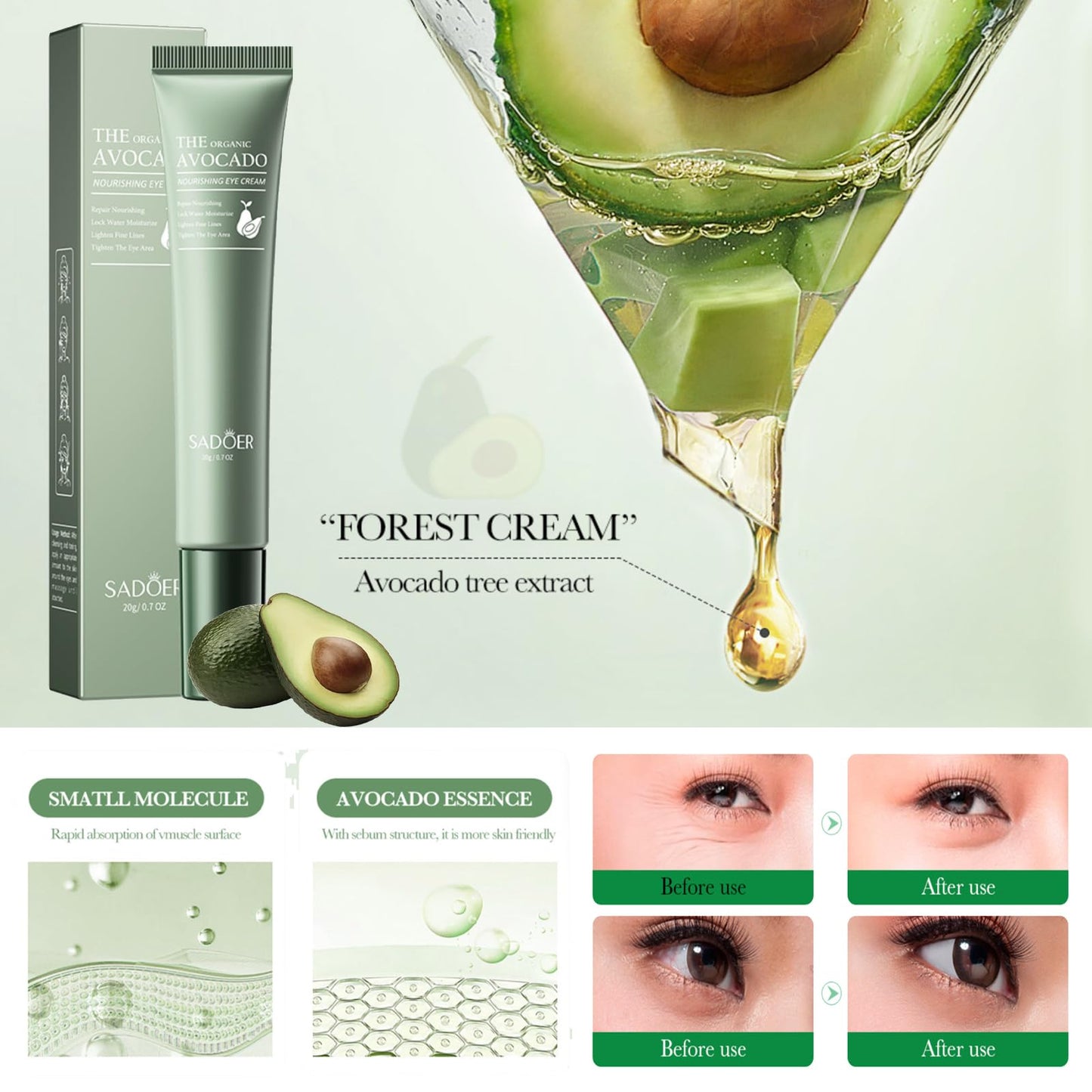RUICHING Avocado Eye Cream for Dark Circles and Puffy Eyes, Moisturizing Under Eye Cream, Eye Tightener Serum, Anti Aging Anti Wrinkle Reduce Fine Lines, Brightening Eye Repair Cream