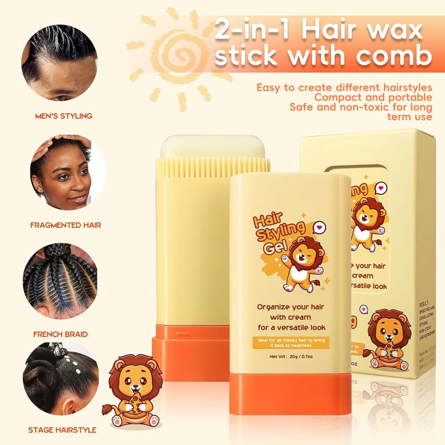 Generic Kids Hair Wax Stick, 2-in-1 Design with Built-In Comb, Moisturizing Non-Greasy Hair Styling, Easy to Use, Portable and Compact for Kids