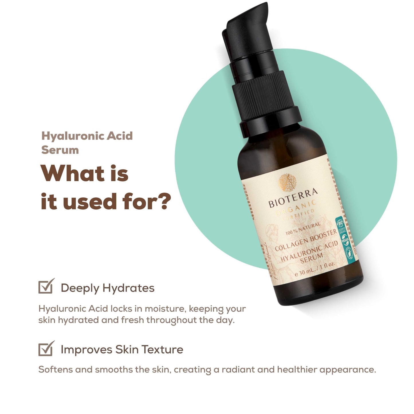 Bioterra Organic Collagen Booster Hyaluronic Acid Serum, Face Moisturiser, Natural Ingredients with Jojoba and Lavender, 30 ml
