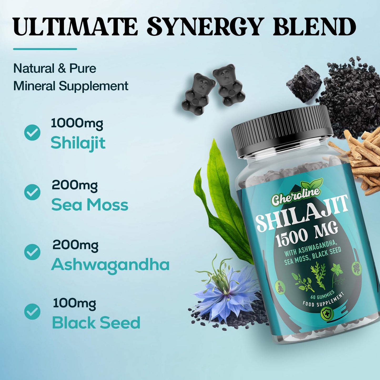 Cheroline Shilajit Sea Moss and Ashwagandha Gummies 1500mg Per Serving, Enriched with 60% Fulvic Acid & 85+ Trace Minerals, High Strength Complex for Energy, More Convenient Than Resin (60 Count (Pack of 2))