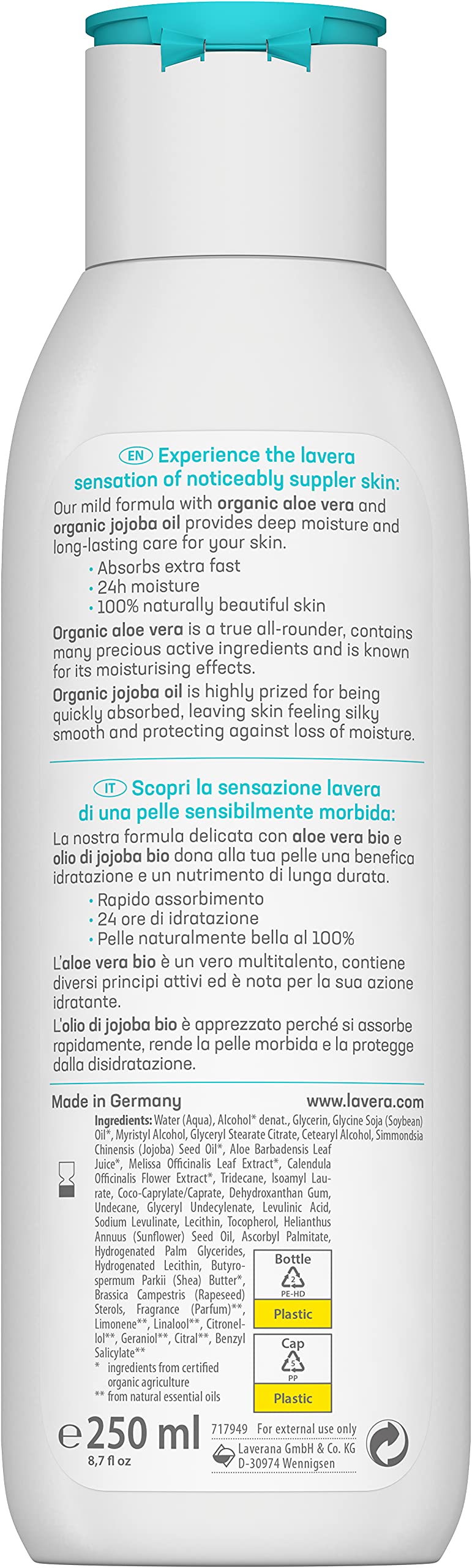 lavera basis sensitiv Body Lotion Express - Body Lotion - organic aloe vera & organic jojoba oil – deep moisture & long lasting care - 24h moisturizing care - natural cosmetics - vegan - organic (1 x 250 ml)