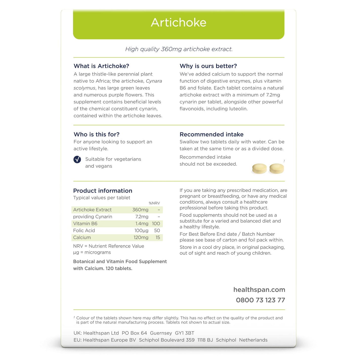 Healthspan Artichoke Extract 360mg (120 Tablets) | Supports Digestion & Liver Health | High Strength Vegan Artichoke Tablets with 7.2mg of Cynarin | with Calcium, Folate & Vitamin B6 | Vegan