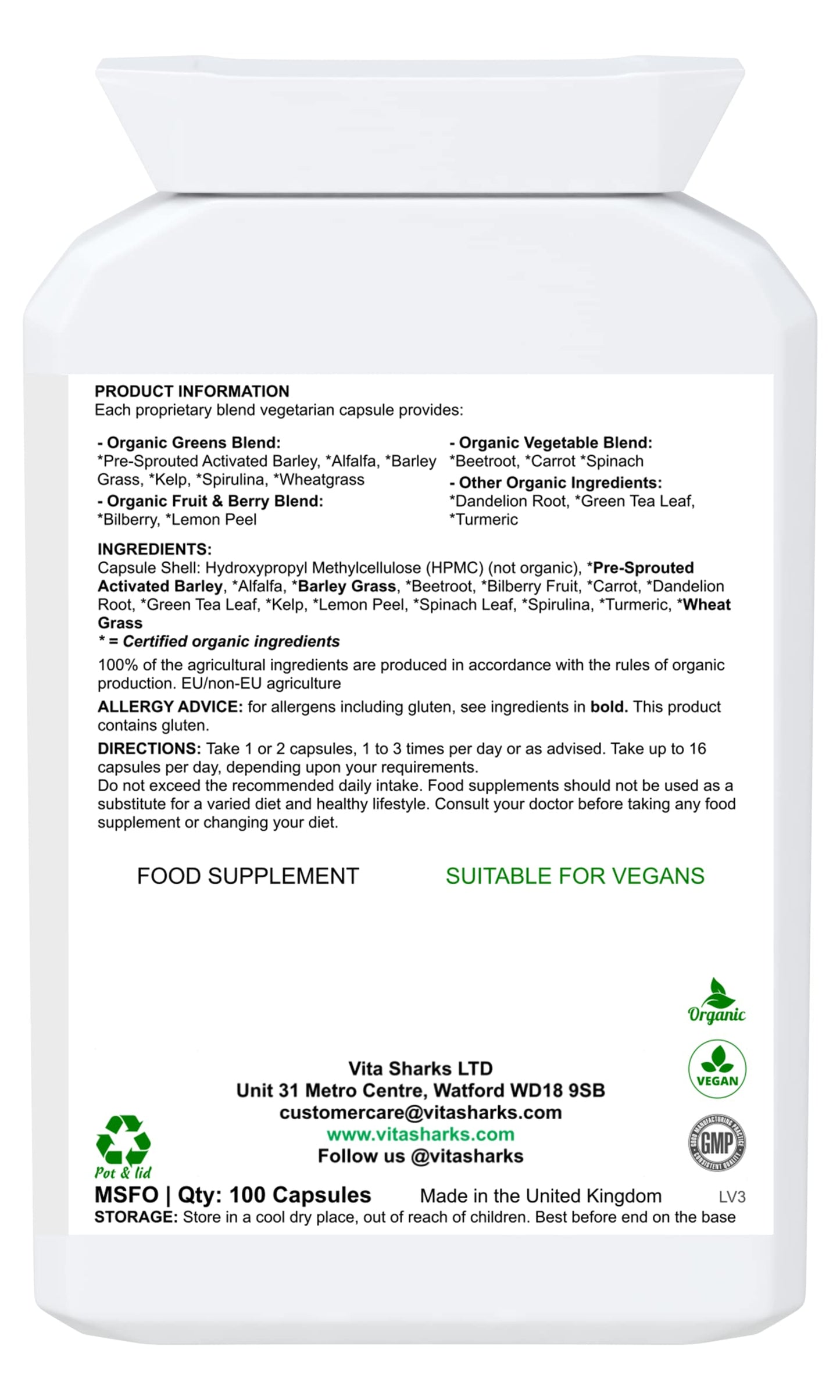 Vita Sharks VitaNourish Organic. Nutrient-Dense Potent Vegan Whole Food Supplement for Total Immunity. Essential Vitamins & Minerals from 100% Organic Kosher Fruit, Vegetable & Herbal Blend