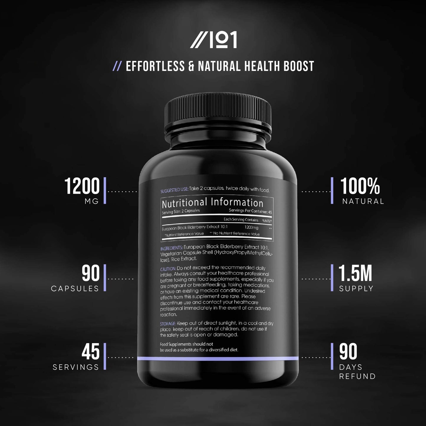 ALPHA01 Black Elderberry Extract Capsules - 1200mg - Wild European Sambucus Extract 10:1 for Immunity - Vegan, Non-GMO, Kosher, Gluten Free. 90 Vegan Capsules.