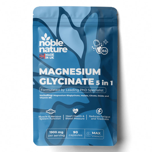 NobleNature Magnesium Glycinate 5-in-1 Complex Formulated by PhD Expert High Strength 1900mg Supplements as Bisglycinate, Malate, Citrate, Oxide & Vitamin B6-90 GMO Free Capsules, 384mg Elemental, UK Made (90)