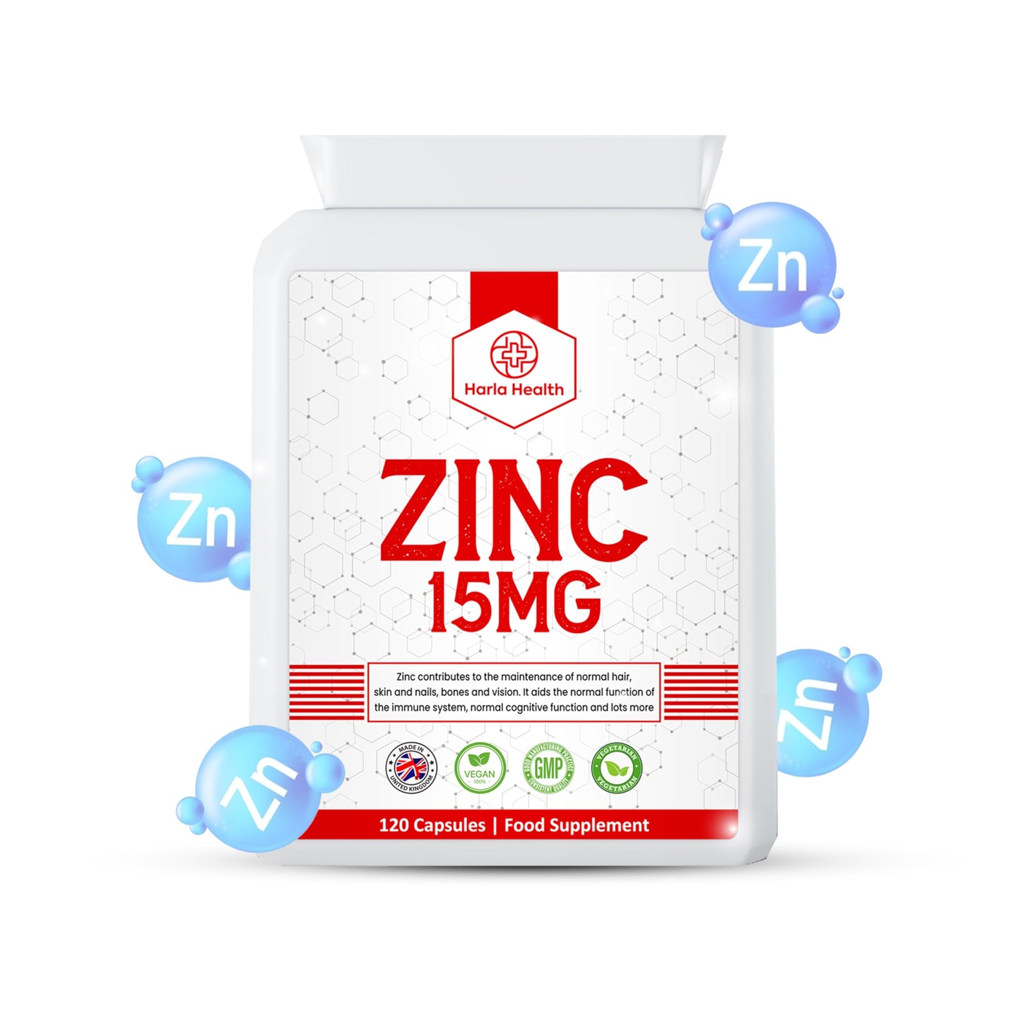Zinc - 15mg - 120 Capsules - 4 Months Supply - Suitable for Vegetarians & Vegans - Harla Health - Make in The UK - GMP Codes of Practice