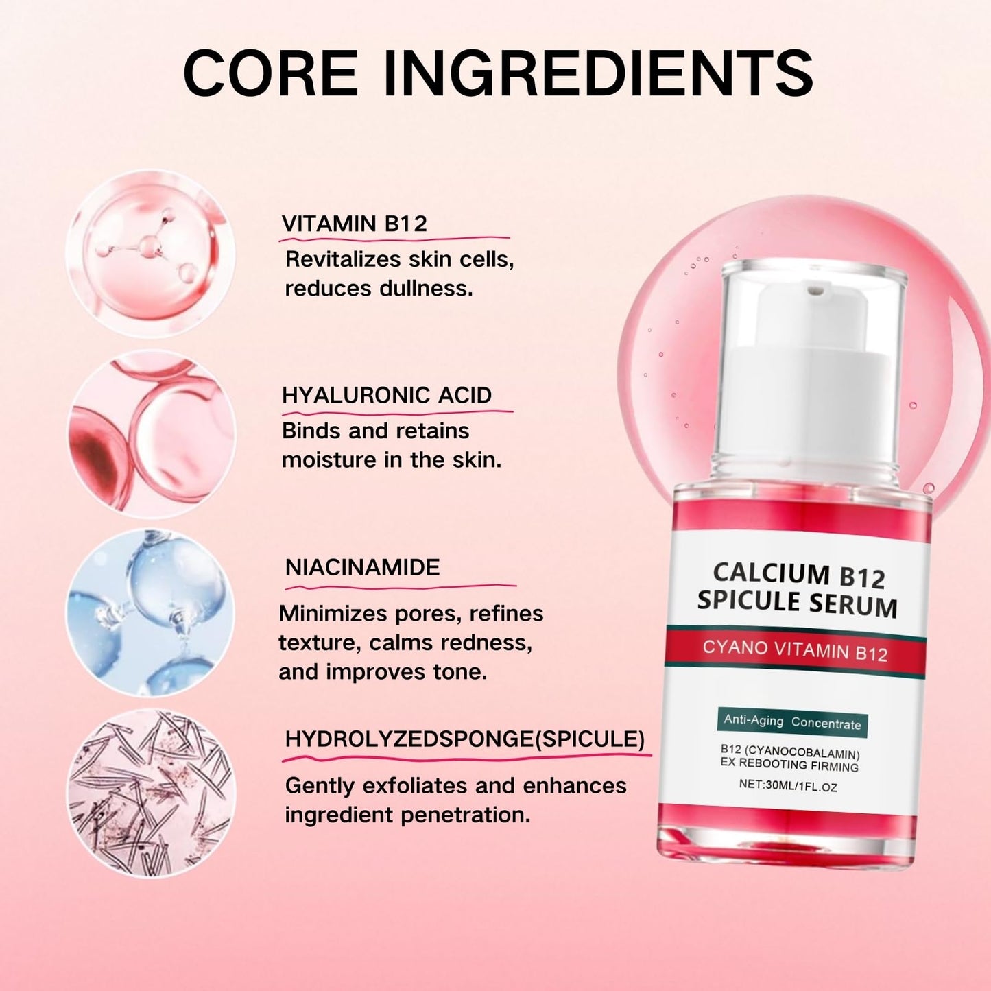 Shefave Pink Spicule Serum for Face with Niacinamide & Vitamin B12, Picotonic Glowing Serum, Anti Wrinkle Ser-um for Glass Skin, Minimizes Pores, Dark Spot, Brightening Hydrating Face Essence,Korean Skin Care