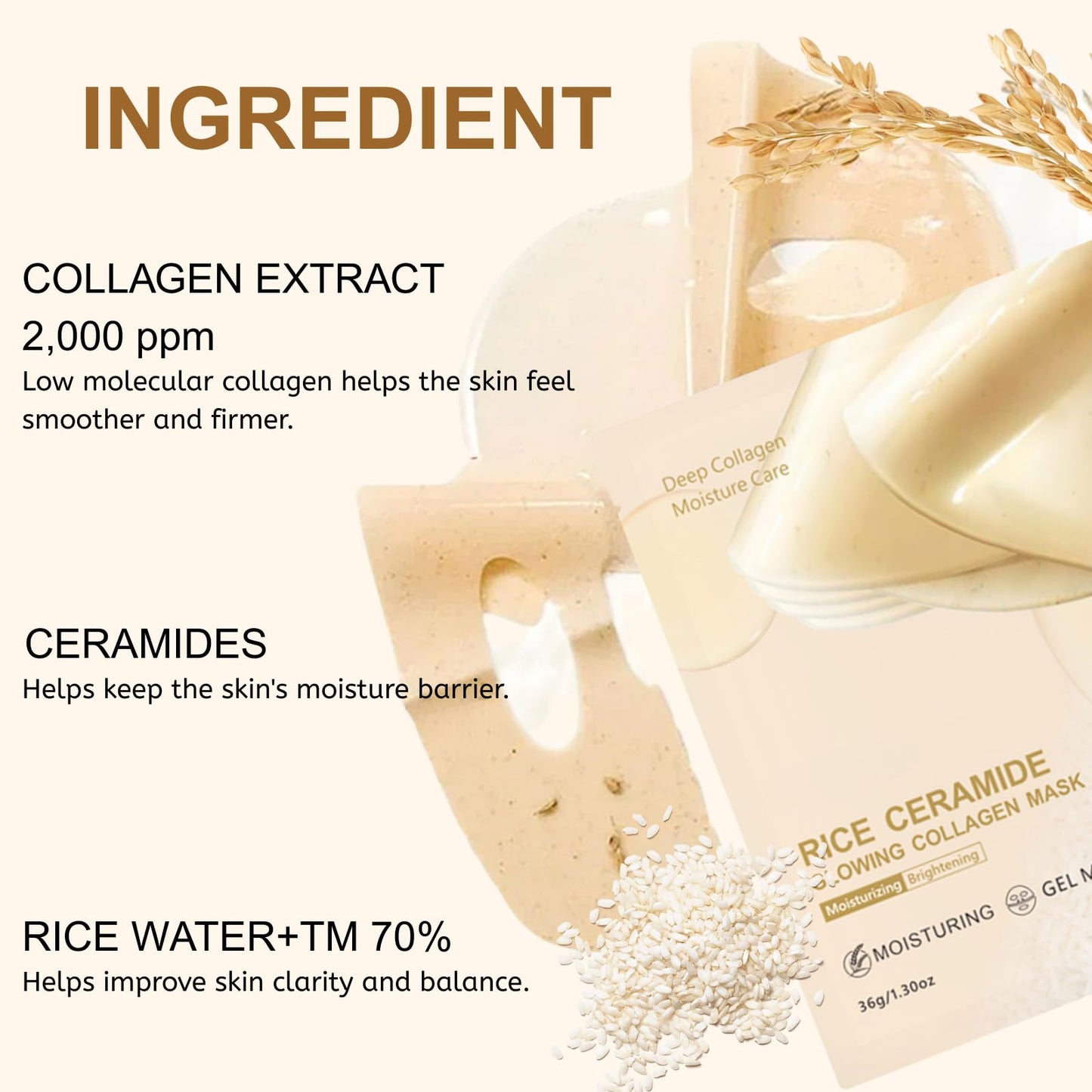 6Pcs Rice Glow Collagen Mask, Rice Ceramide Collagen Face Mask, Bio Overnight Face Mask for Glass Skin, Brightening Night Wrapping Gel, Tightening, Shrink Pores, Soothe, Repair, Korean Skincare