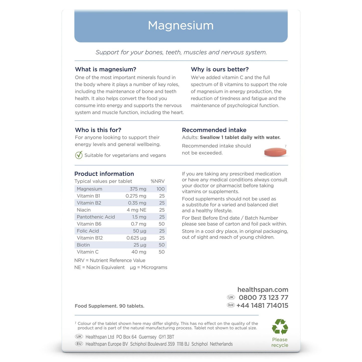 Healthspan Magnesium 375mg (90 Tablets) | Added Vitamin C & Vitamin B Complex | Promotes Immune Health | Support Your Bones, Teeth, Muscles & Nervous System | Vegan