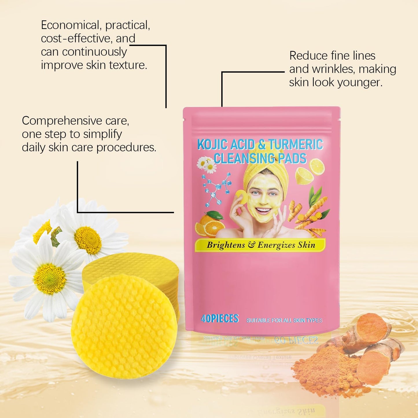 40 Pads Turmeric Kojic Acid Pads, GCVSE Turmeric Exfoliating Pads - Balance Skin Oil and Water, Fades Dark Spots, Skin Moisturizing & Lightenin