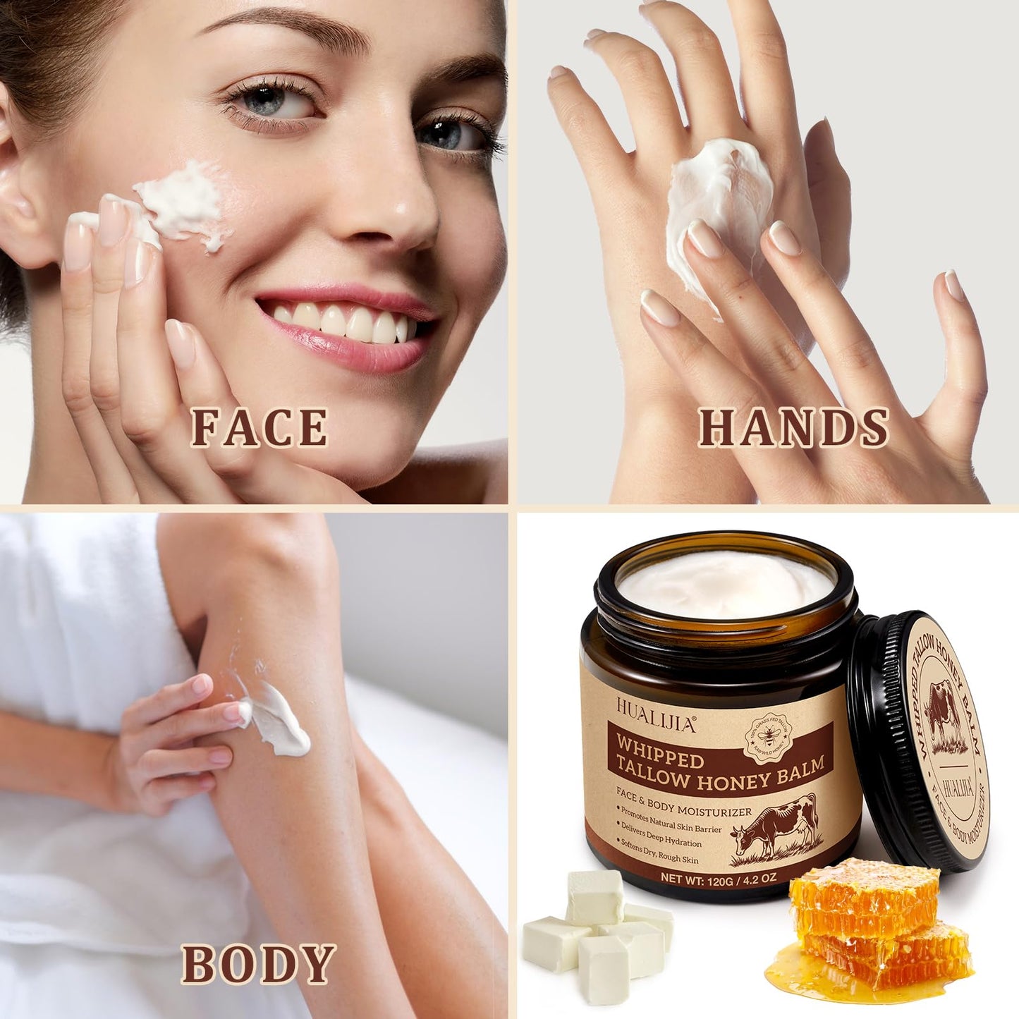 NIFEISHI Whipped Beef Tallow Skin Care, Tallow Face Cream, Grass Fed Beef Tallow and Honey Balm, Organic & Natural Moisturiser Deeply Nourish Face & Body for Women and Men, 120g/4.2 oz