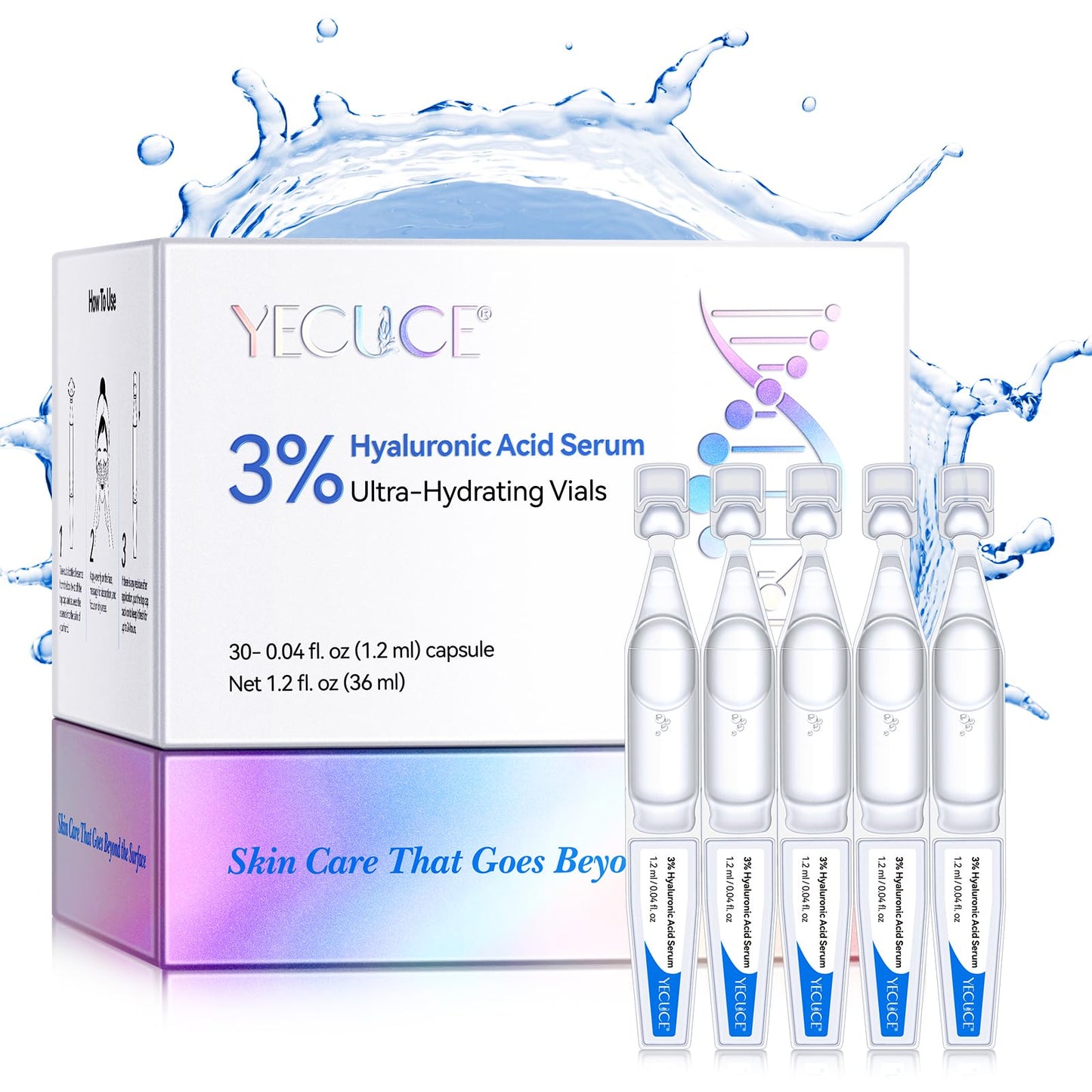 Uocasi Hyaluronic Acid Tubes, 3% Hyaluronic Acid Serum Ultra-Hydrating Vials for face & Skin | Pre-makeup SkinCare | Anti-Aging serum for Sensitive skin, Deep Moisturizing Facial Serum - 30Pcs/Box