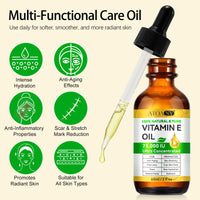 Vitamin E Oil for Skin and Face, Pure Vitamin E Hair Oil, Natural Nourishing Body Oil for Deep Hydration, Anti-Aging and Firming Skin, Anti-Drying, Reducing Fine Lines - 60ml