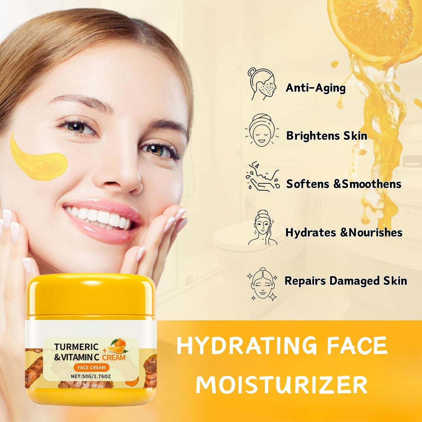 IZBEAUVO Turmeric & Vtamin C Cream, Brightening Face Cream, Natural Hydrating Day Cream for Sensitive Skin, Non-Greasy Face Moisturiser for Normal, Dry, Oily & Combination Skin - 1.76 Fl Oz