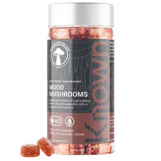 Known - Mood Mushrooms - 60 x Two-a-Day Vegan Gummies with Reishi Mushrooms, Lions Mane and Ashwagandha - Halal Apple Pie Flavoured Adaptogenic Mushroom Gummy - Nootropic Supplement for Mood & Stress