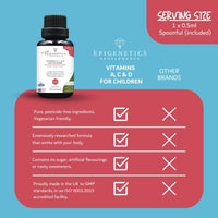 Epigenetics Kids Vitamins A, C & D for Children & Baby | Bones, Vision & Heart | Sugar Free Liposomal Liquid Multivitamin Supplement | 2 Month Supply | 30ml Bottle with Spoon. Vegetarian & UK Made
